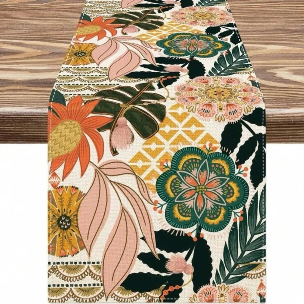 Colorful Floral and Plants Table Runner, 90” long